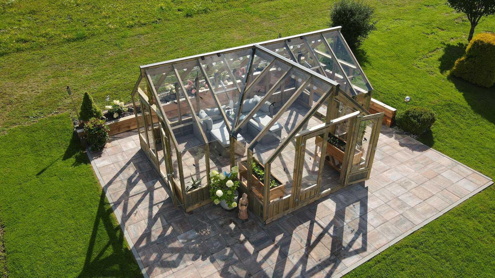 Fully Installed Palmako Emilia Pavilion | Greenhouse | Glass Summer House | 19.1m² | T-Shaped | Pressure Treated