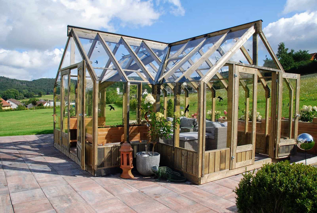 Fully Installed Palmako Emilia Pavilion | Greenhouse | Glass Summer House | 19.1m² | T-Shaped | Pressure Treated
