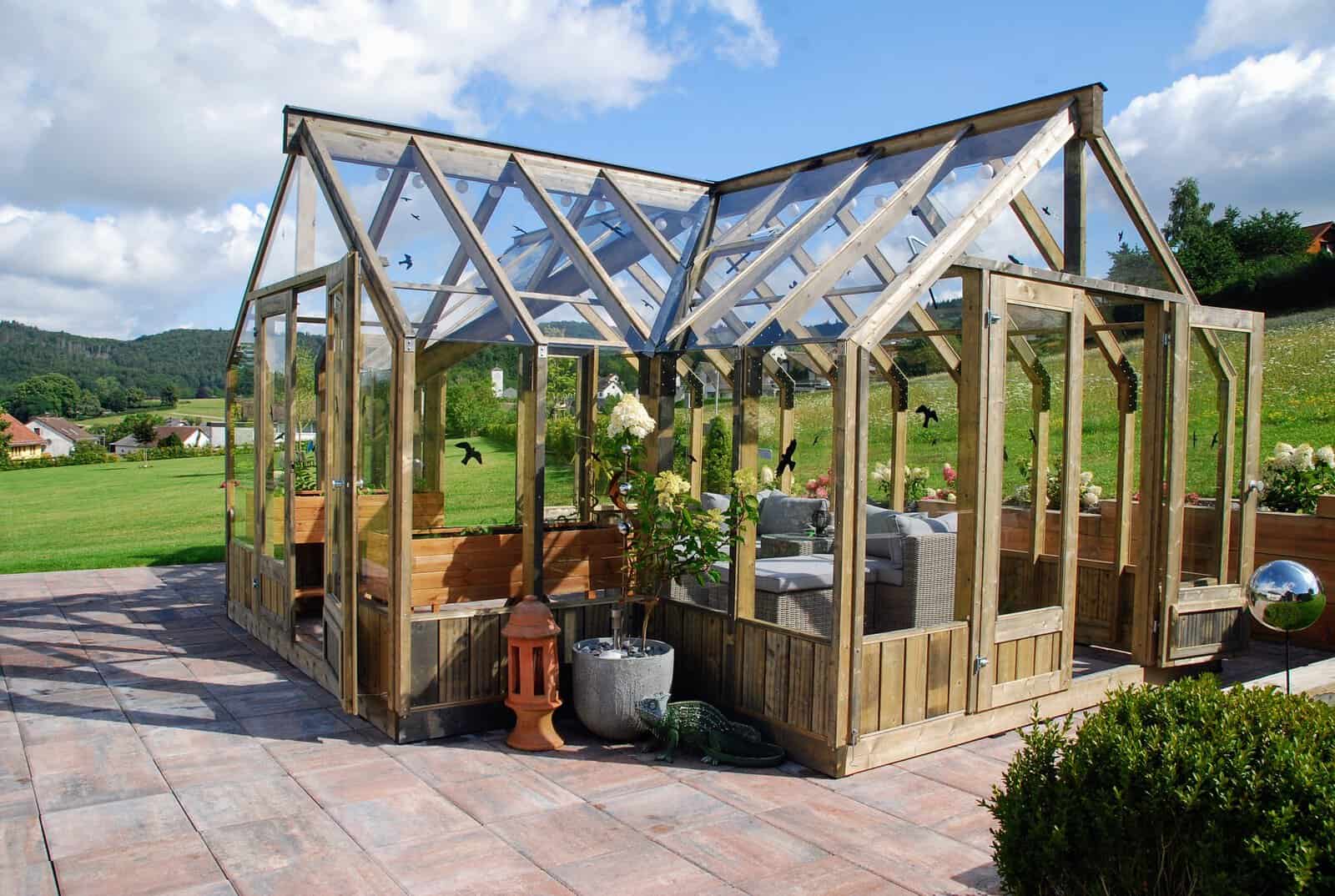Fully Installed Palmako Emilia Pavilion | Greenhouse | Glass Summer House | 19.1m² | T-Shaped | Pressure Treated