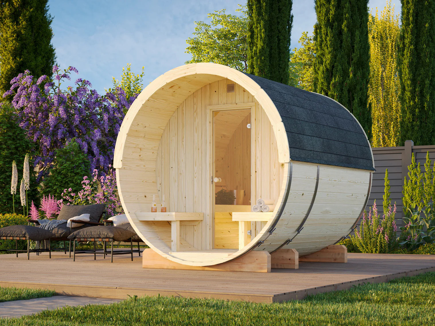 Fully Installed Palmako Anita M (2.2x2.5m | 1.3+0.7m2 | 42mm) Timber Garden Barrel Sauna