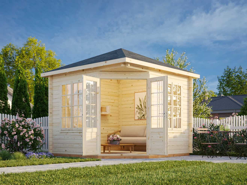 Fully Installed Palmako Melanie XS (2.8x2.8m | 6.9m2 | 44mm) Heavy Duty Corner Summer House