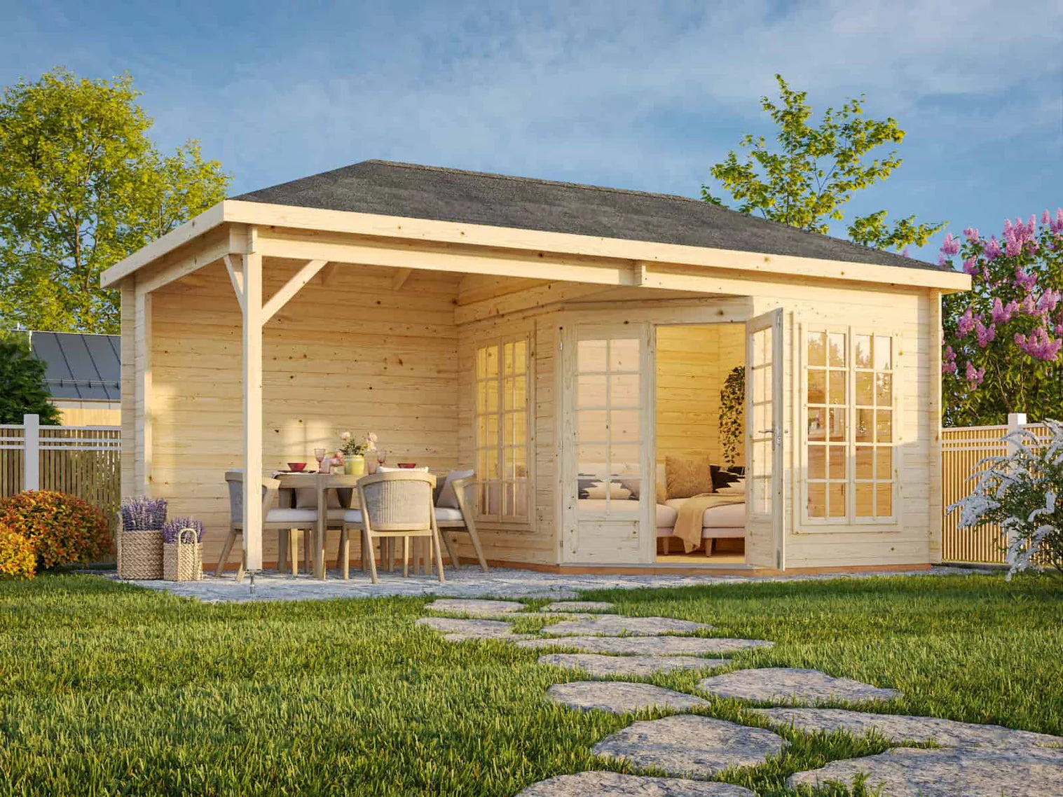 Fully Installed Palmako Melanie XXL (5.6x2.8m | 7.0+8.1m2 | 28mm) Pavilion Summer House with Canopy