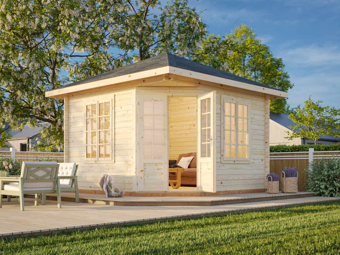 Fully installed Palmako Melanie M (3.3x3.3m | 9.9m2 | 44mm) Heavy Duty Corner Summer House