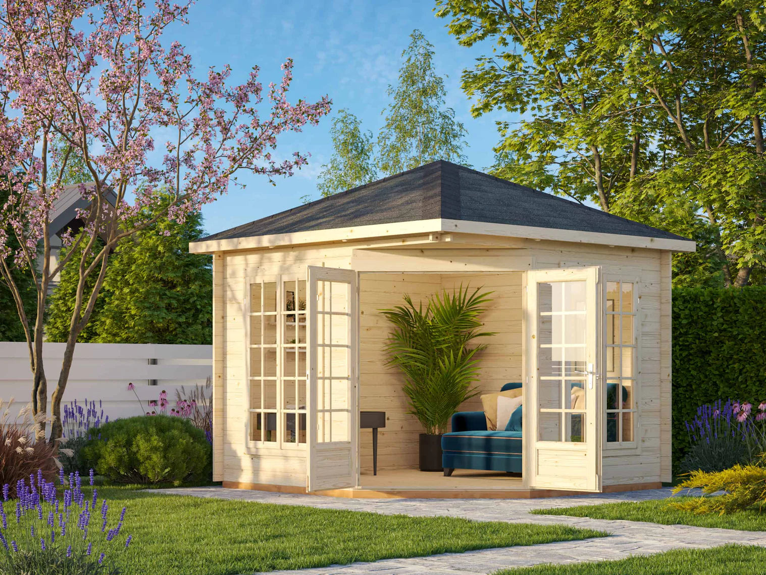 Fully Installed Palmako Melanie S (2.8x2.8m | 7m2 | 28mm) Classic Corner Cabin Summer House
