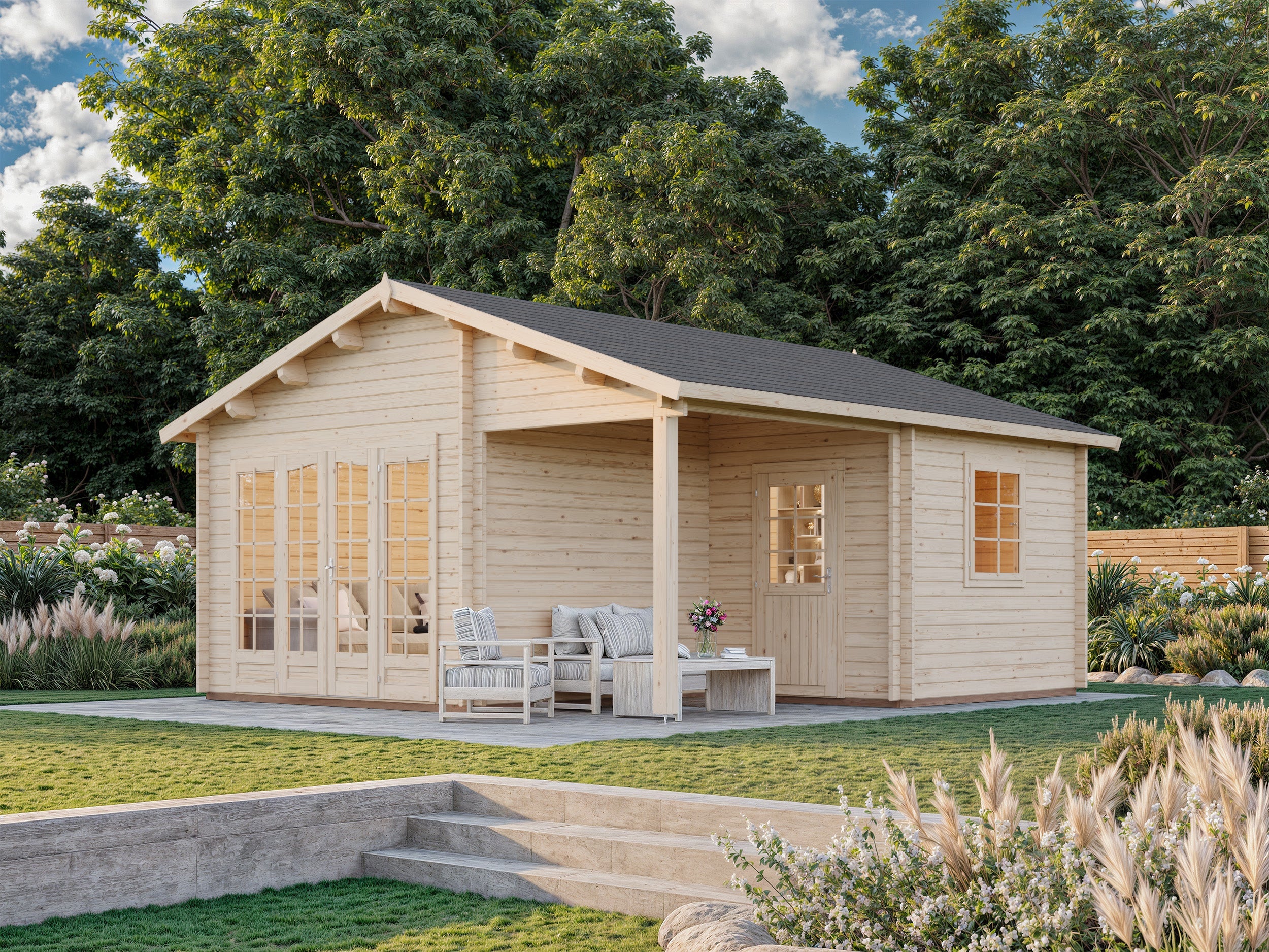 Fully Installed Palmako Irene XL Summer House Log Cabin with Porch | Garden Room | Home Office | 21.9+5.2m² | 44mm | 5.3x5.7m