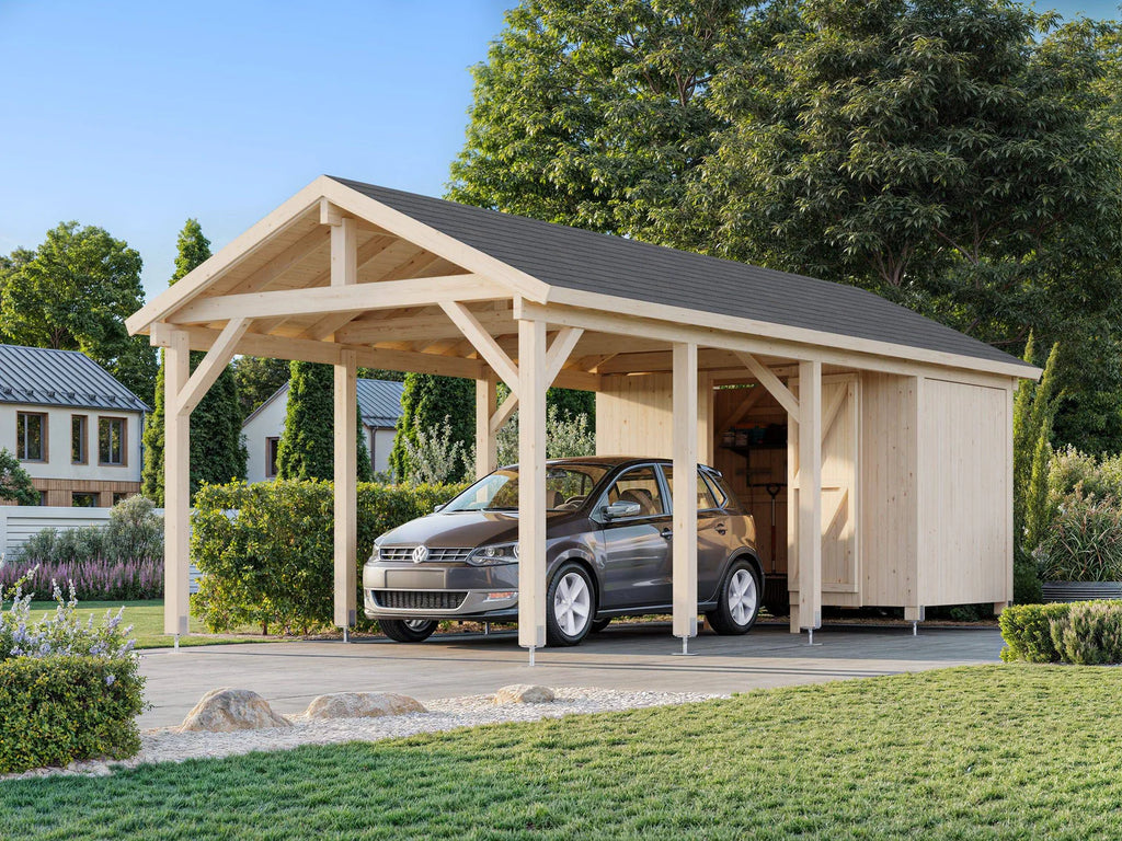 Fully installed Palmako Robert L+ (3,2x7,3m | 23,1m2 | 120x120mm) Apex Roof Carport with Shed