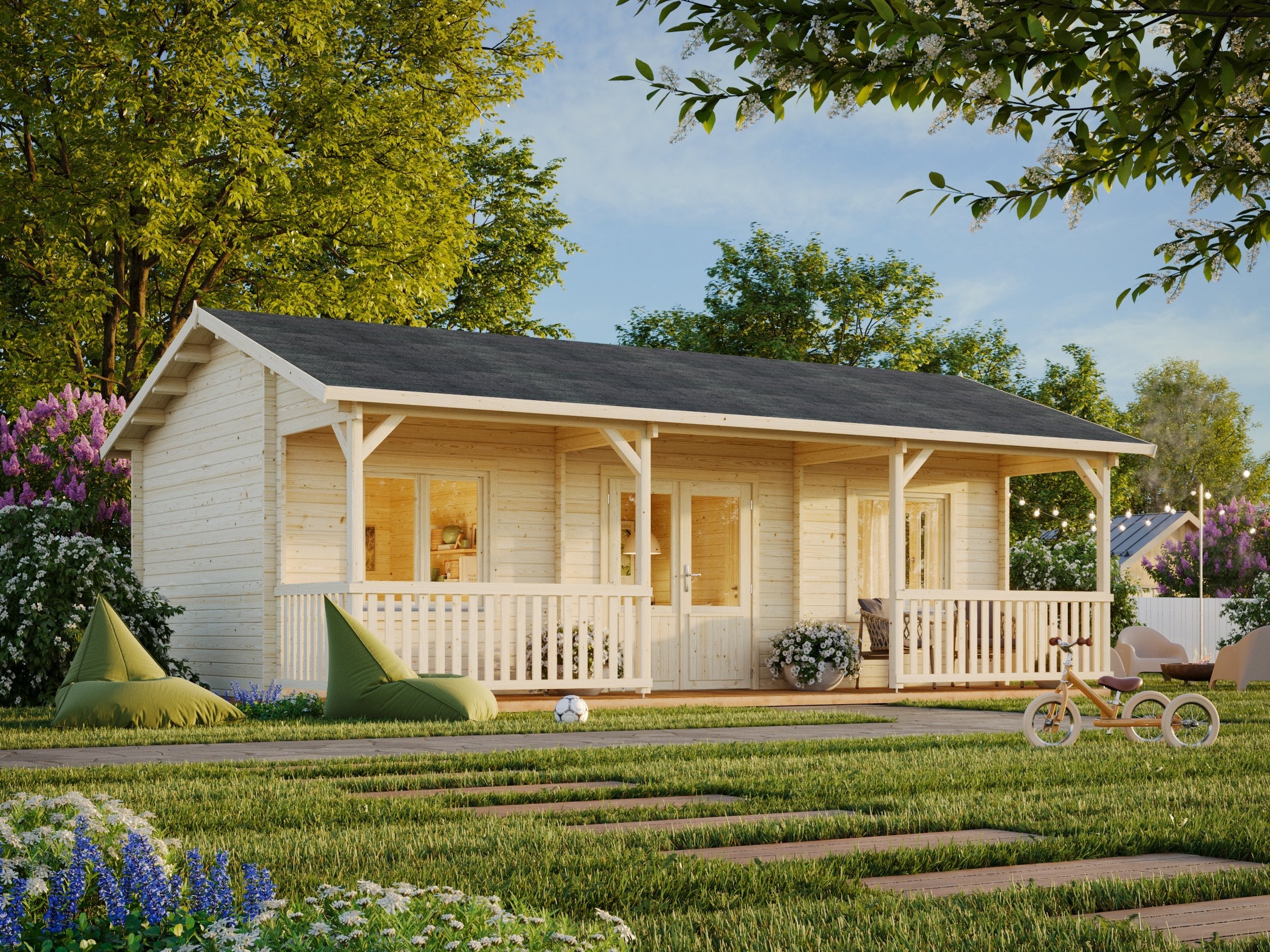 Fully Installed Palmako Sandra L Multi-Room Log Cabin | Annexe | Guest House | Summer House | 25.6+11.1m² | 44mm | 7.9x3.7m