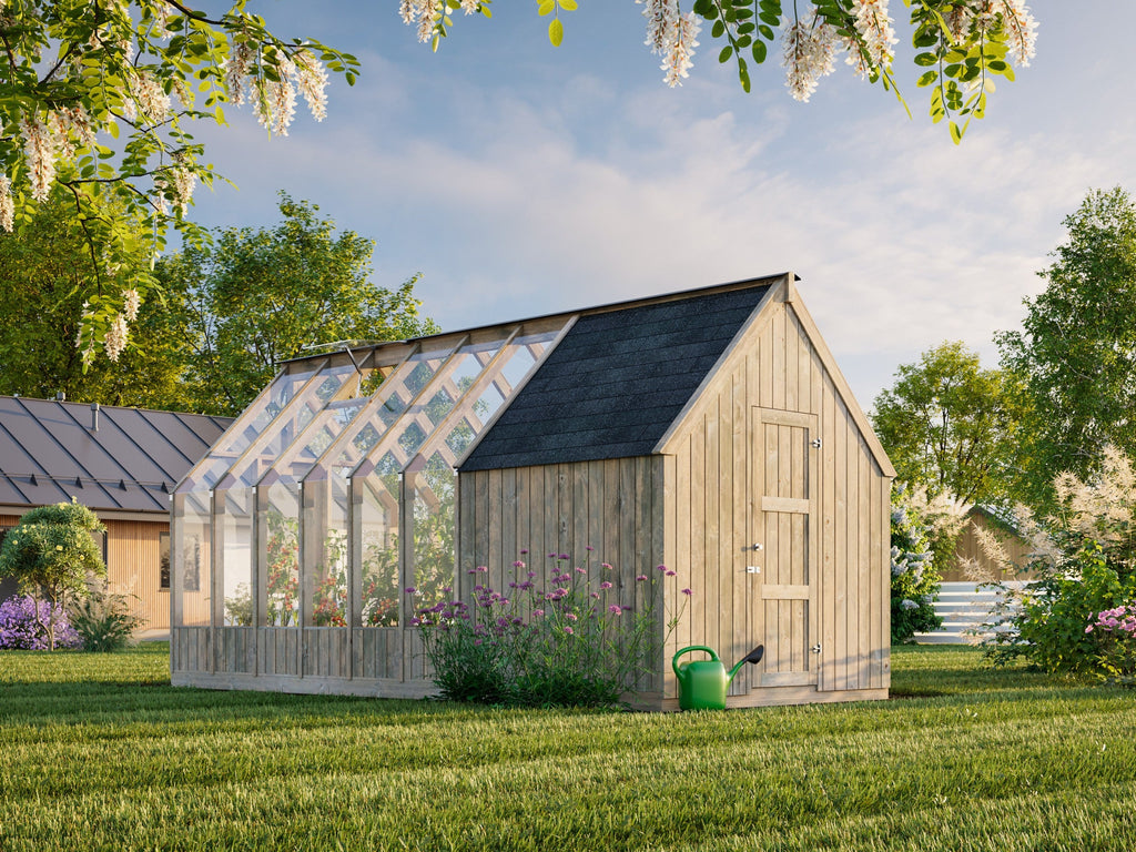 Fully Installed Palmako Emilia M+ Greenhouse with Shed | Glass Summer House | Garden Pavilion | 8.2+4.0m² | Pressure Treated