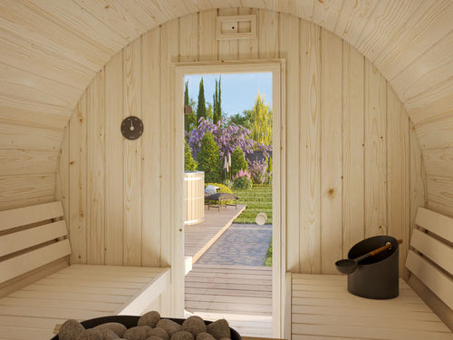 Fully Installed Palmako Anita M (2.2x2.5m | 1.3+0.7m2 | 42mm) Timber Garden Barrel Sauna