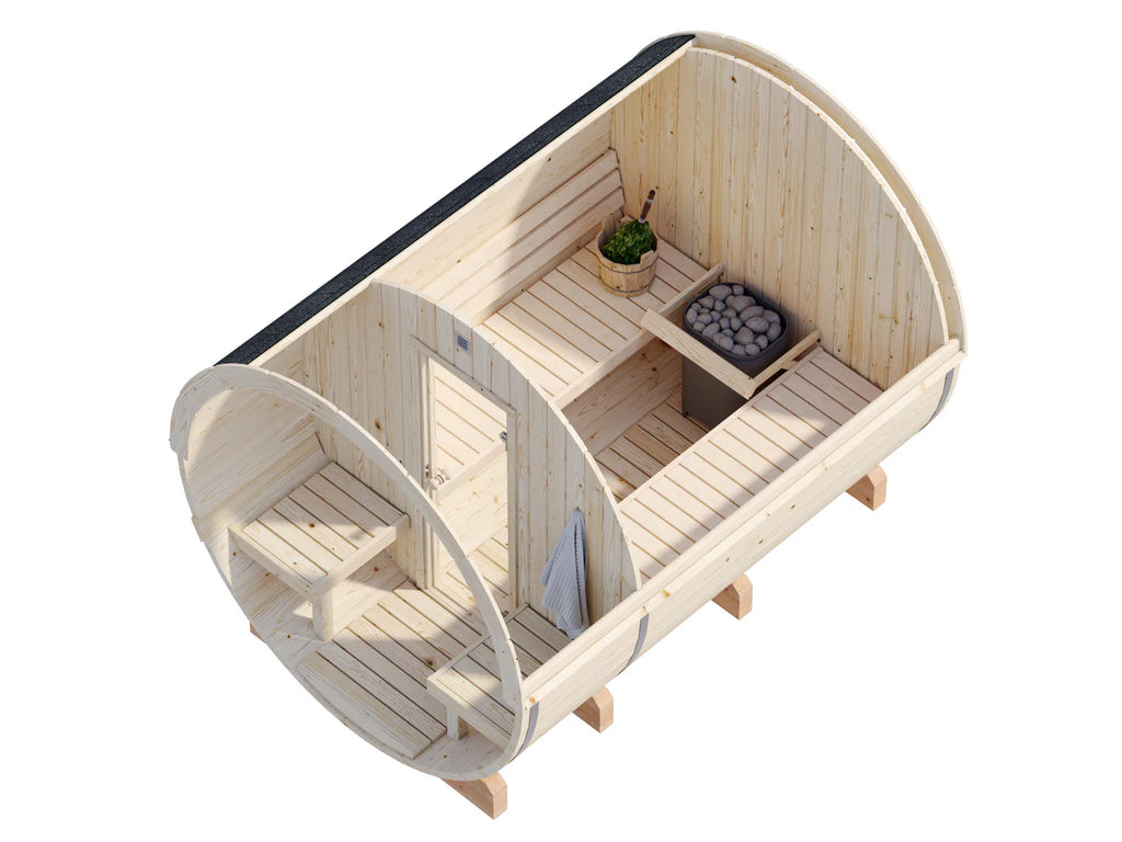 Fully Installed Palmako Anita M (2.2x2.5m | 1.3+0.7m2 | 42mm) Timber Garden Barrel Sauna
