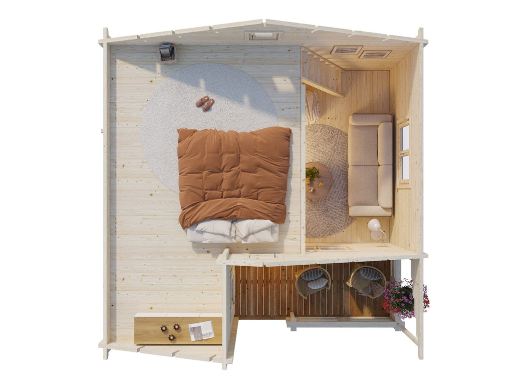 Fully Installed Palmako Emily Log Cabin Holiday Chalet | Loft | Guest House | Annexe | 40.1+5.2m² | 70mm | 5.9x5.7m
