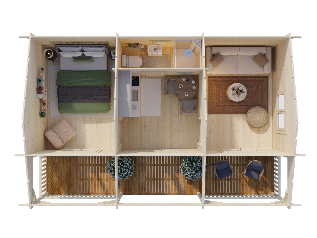 Fully Installed Palmako Sandra L Multi-Room Log Cabin | Annexe | Guest House | Summer House | 25.6+11.1m² | 44mm | 7.9x3.7m