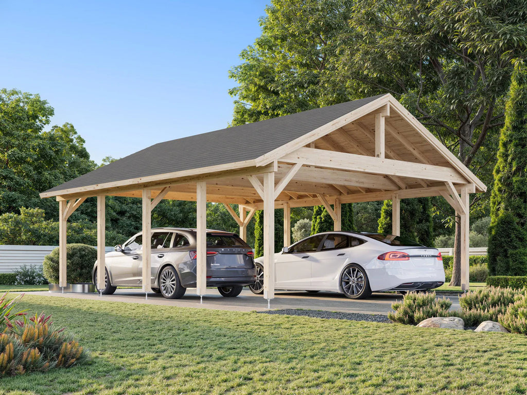 Fully Installed Palmako Robert XL (5,6x7,3m | 40,6m2 | 120x120mm) Apex Roof Carport for Two Cars