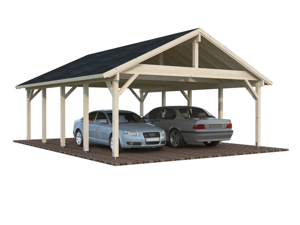 Fully Installed Palmako Robert XL (5,6x7,3m | 40,6m2 | 120x120mm) Apex Roof Carport for Two Cars