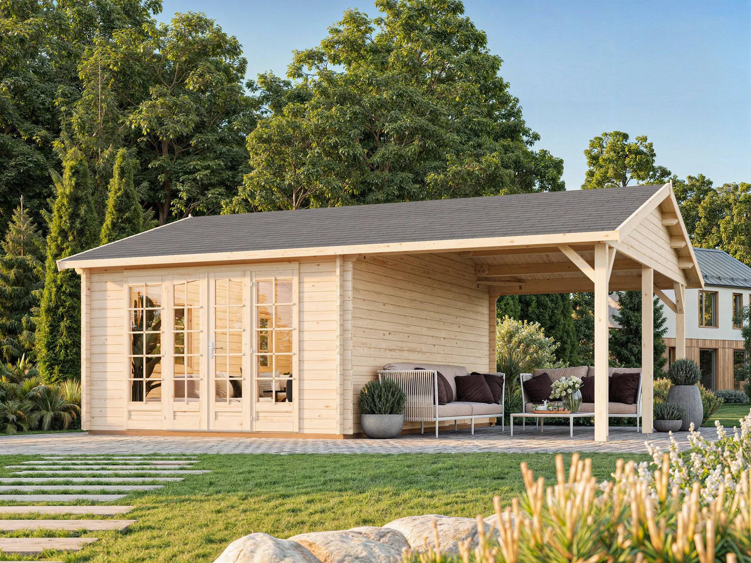 Fully Installed Palmako Irene M+ (6,7x5,7m | 19,0+16,2m2 | 44mm) Summer House with Side Canopy or Carport