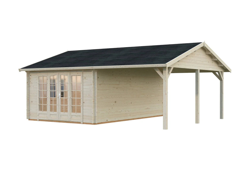 Fully Installed Palmako Irene M+ (6,7x5,7m | 19,0+16,2m2 | 44mm) Summer House with Side Canopy or Carport