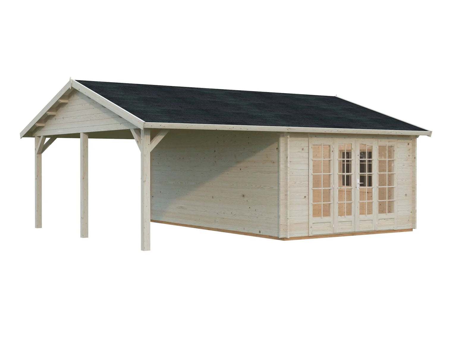 Fully Installed Palmako Irene M+ (6,7x5,7m | 19,0+16,2m2 | 44mm) Summer House with Side Canopy or Carport