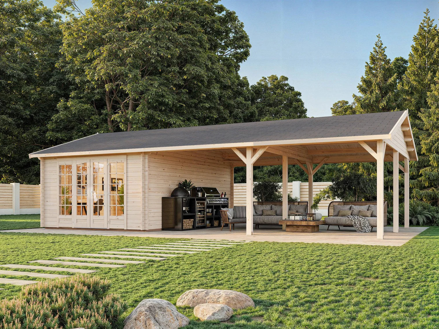 Fully Installed Palmako Irene M++ (9,8x5,7m | 19,0+33,2m2 | 44mm) Summer House with Large Canopy or Double Carport