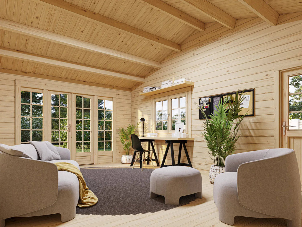 Fully Installed Palmako Irene M++ (9,8x5,7m | 19,0+33,2m2 | 44mm) Summer House with Large Canopy or Double Carport