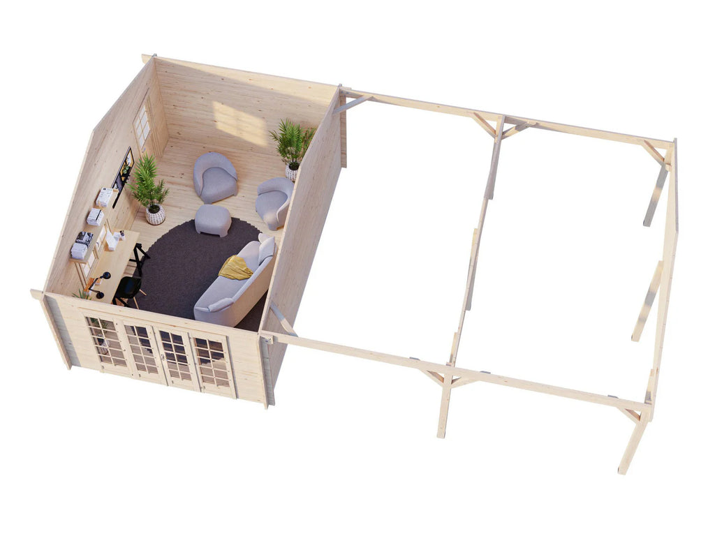 Fully Installed Palmako Irene M++ (9,8x5,7m | 19,0+33,2m2 | 44mm) Summer House with Large Canopy or Double Carport