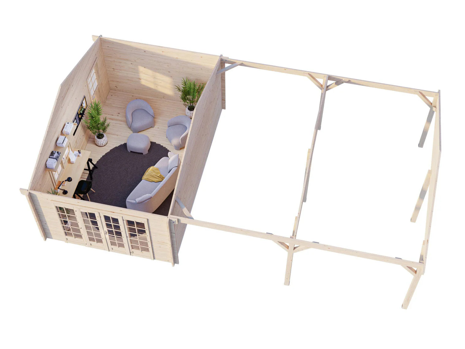 Fully Installed Palmako Irene M++ (9,8x5,7m | 19,0+33,2m2 | 44mm) Summer House with Large Canopy or Double Carport