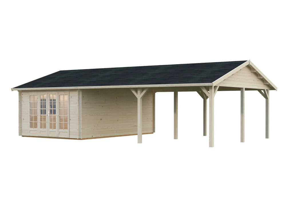 Fully Installed Palmako Irene M++ (9,8x5,7m | 19,0+33,2m2 | 44mm) Summer House with Large Canopy or Double Carport