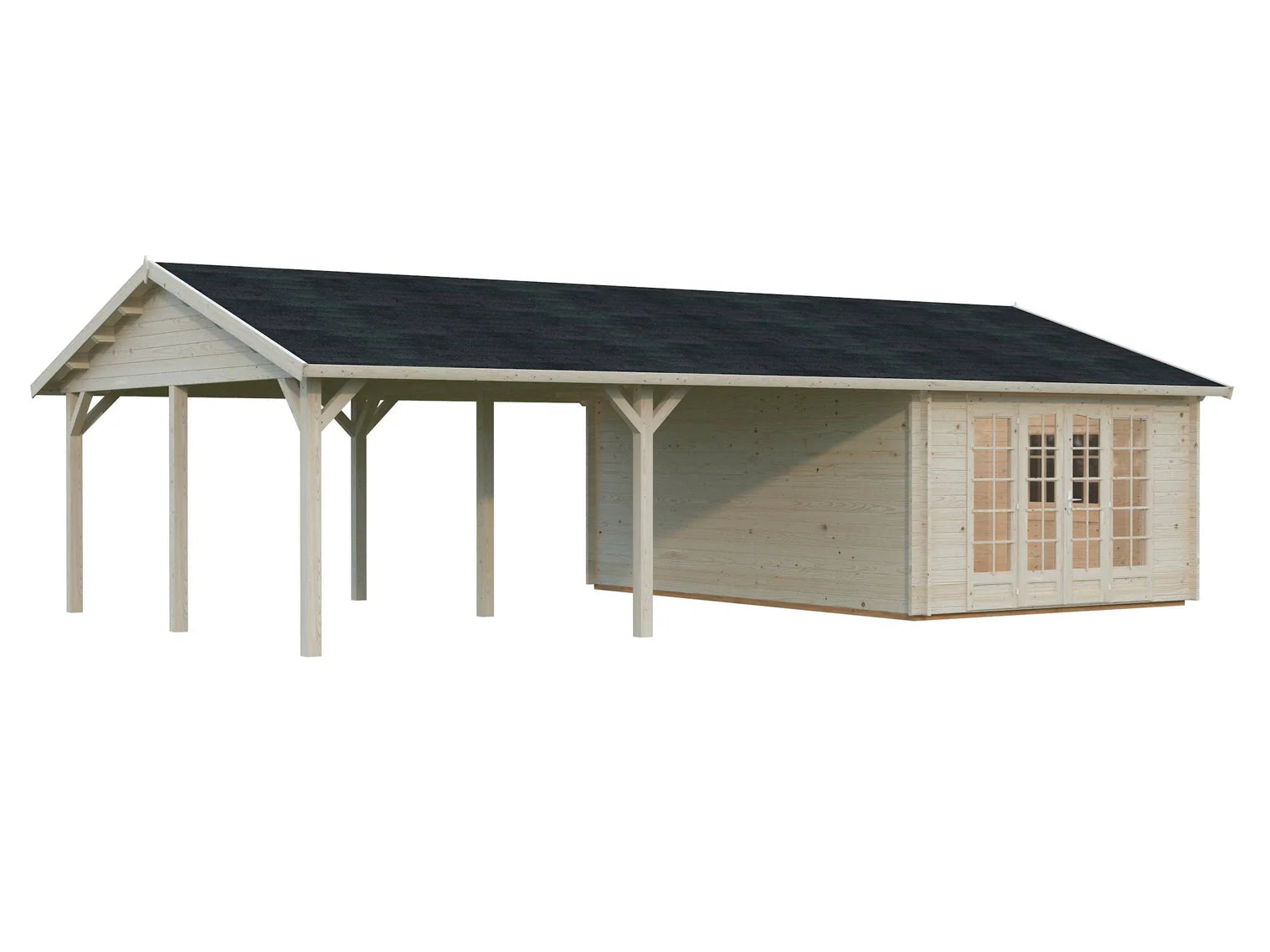 Fully Installed Palmako Irene M++ (9,8x5,7m | 19,0+33,2m2 | 44mm) Summer House with Large Canopy or Double Carport