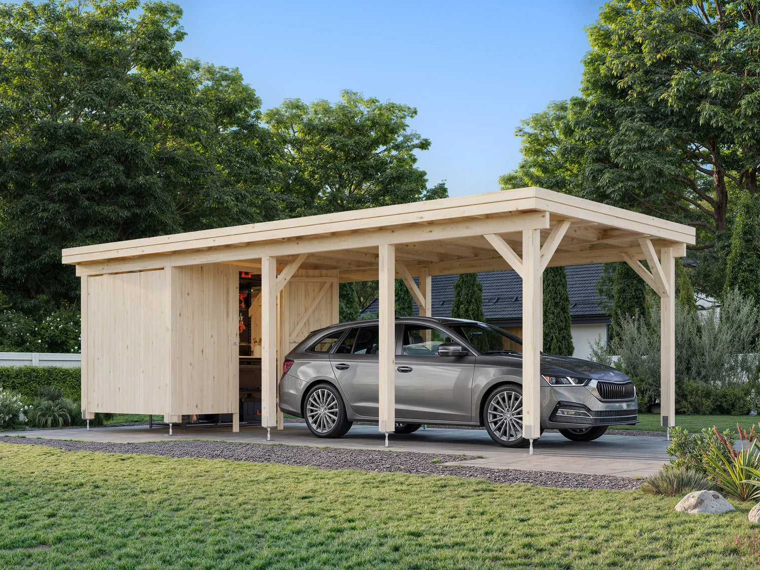 Fully Installed Palmako Karl L+ (3,2x7,3m | 23,1m2 | 120x120mm) Pent Roof Carport with Shed