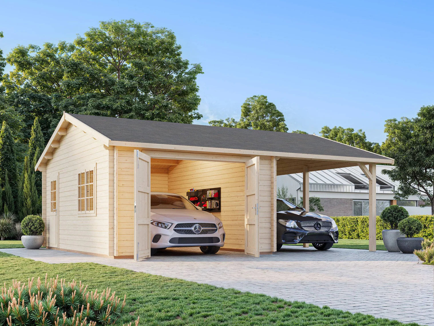 Fully Installed Palmako Roger (6,7x5,7m | 19+16,2m2 | 44mm) Single Timber Garage With Carport (Wooden Gate)
