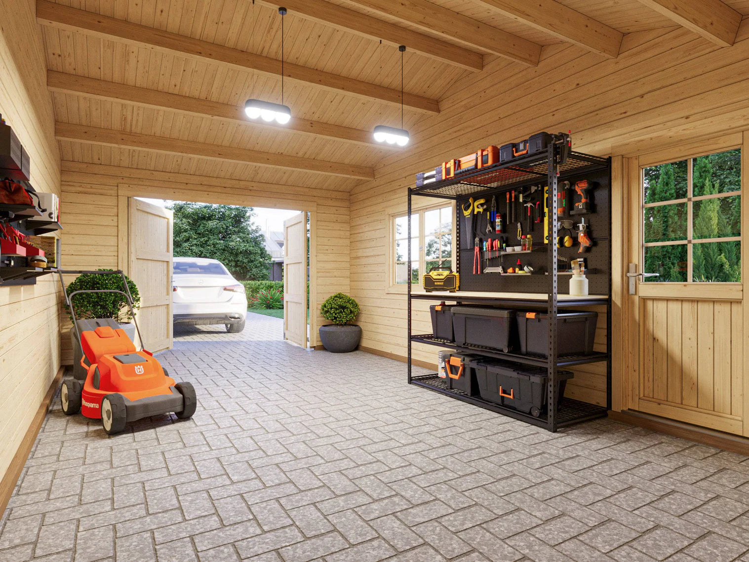 Fully Installed Palmako Roger (6,7x5,7m | 19+16,2m2 | 44mm) Single Timber Garage With Carport (Wooden Gate)