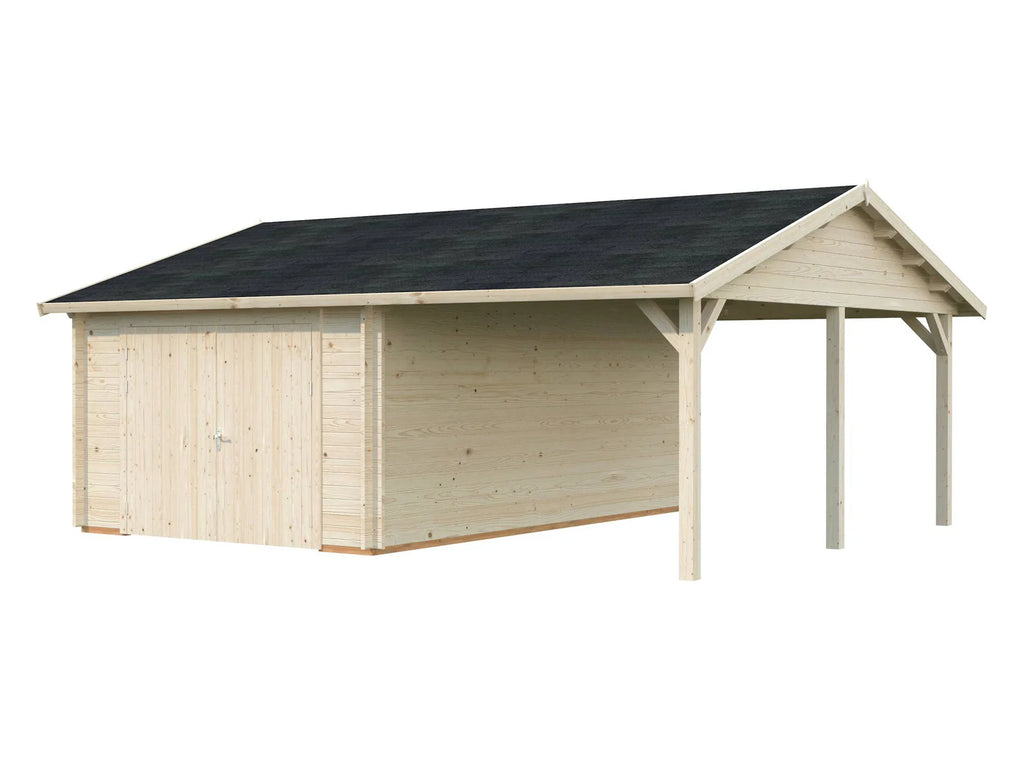 Fully Installed Palmako Roger (6,7x5,7m | 19+16,2m2 | 44mm) Single Timber Garage With Carport (Wooden Gate)
