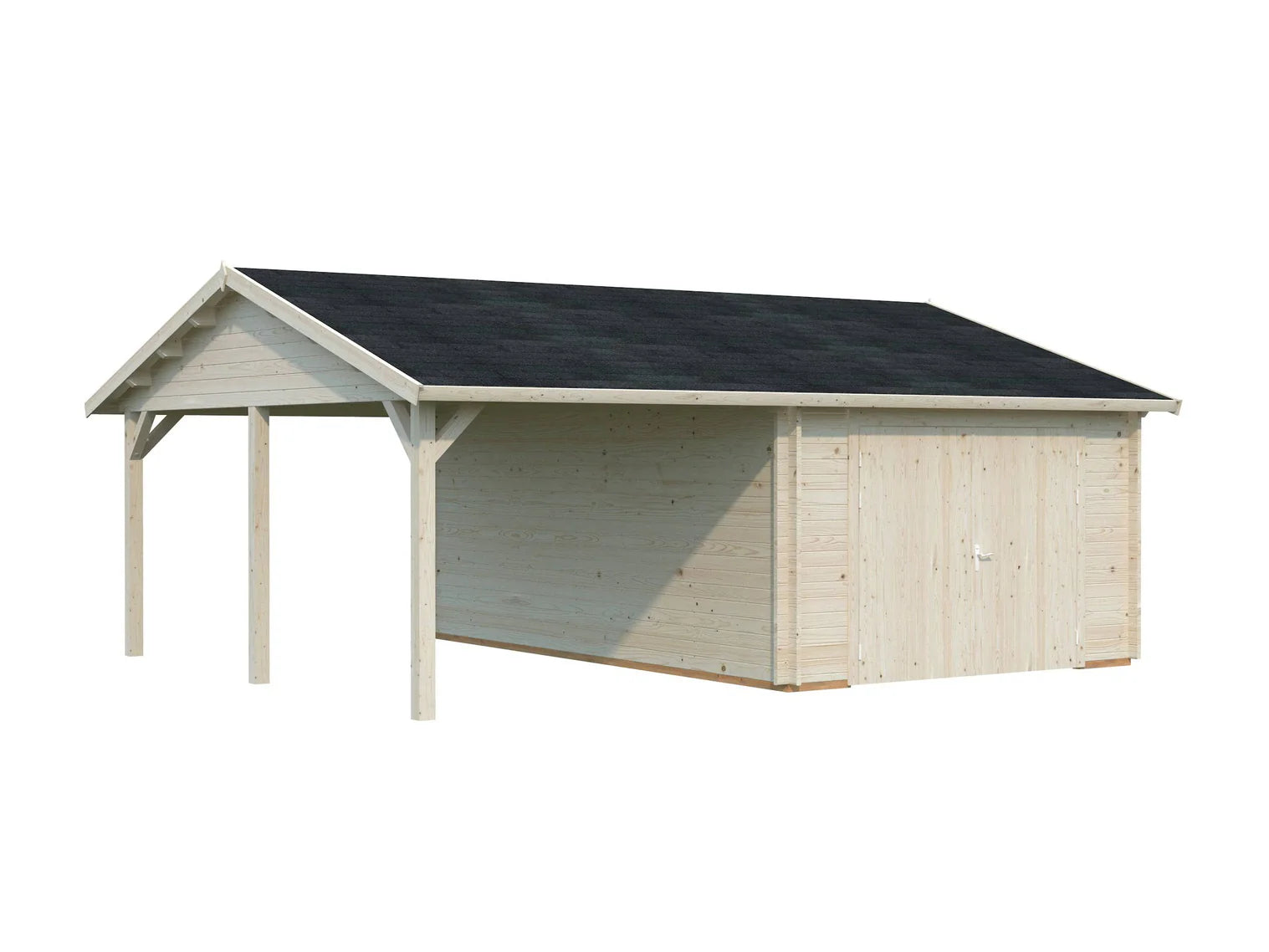 Fully Installed Palmako Roger (6,7x5,7m | 19+16,2m2 | 44mm) Single Timber Garage With Carport (Wooden Gate)