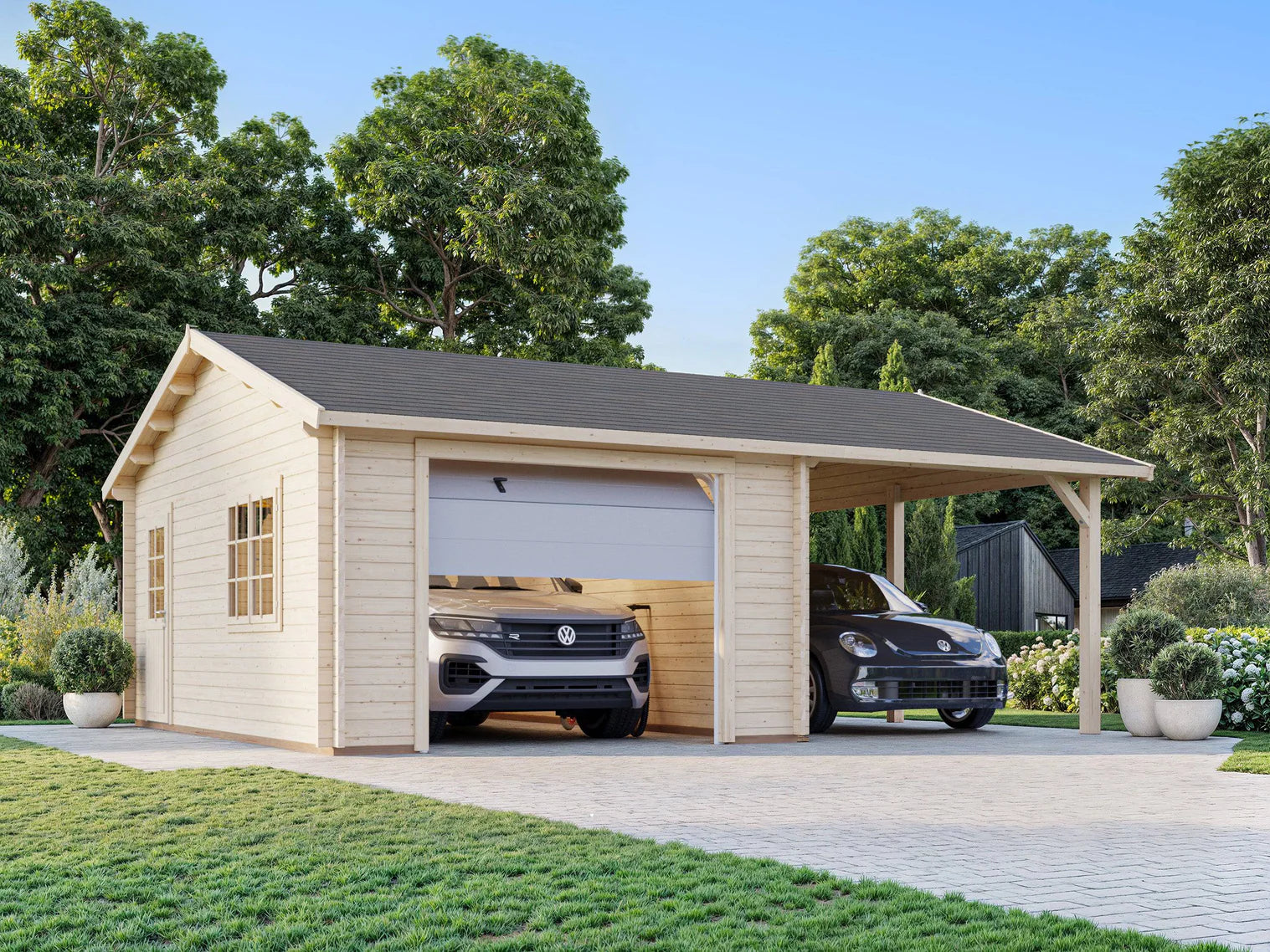 Fully Installed Palmako Roger (6,7x5,7m | 19+16,2m2 | 44mm) Single Garage with Single Carport (Sectional Door)