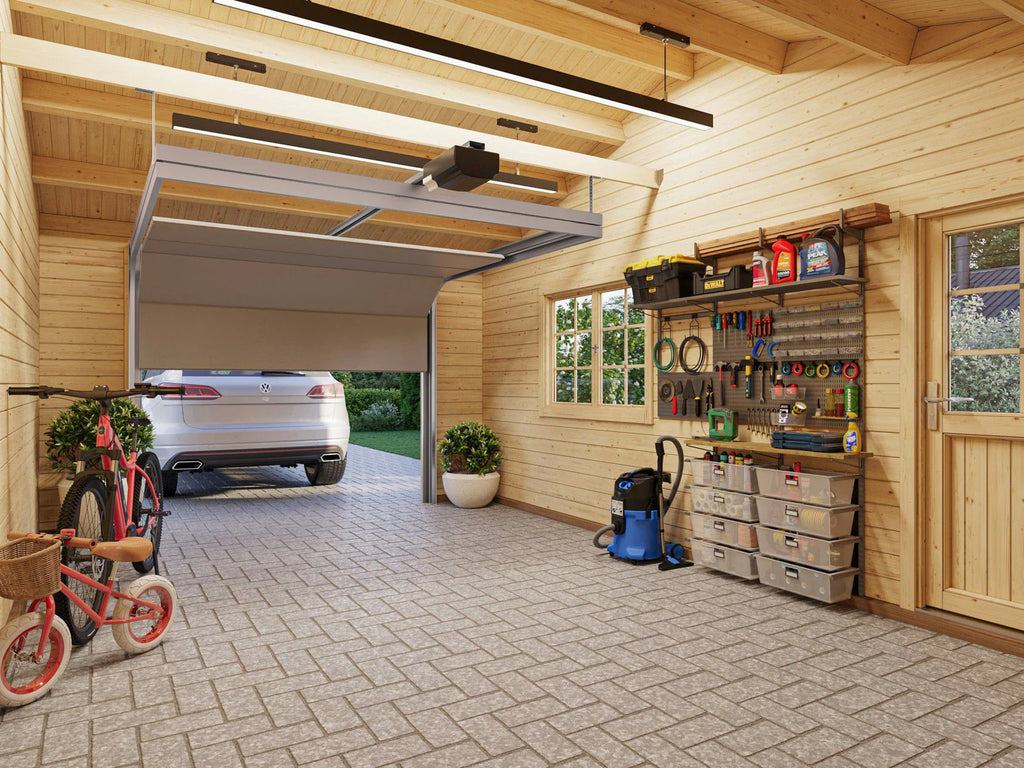 Fully Installed Palmako Roger (6,7x5,7m | 19+16,2m2 | 44mm) Single Garage with Single Carport (Sectional Door)
