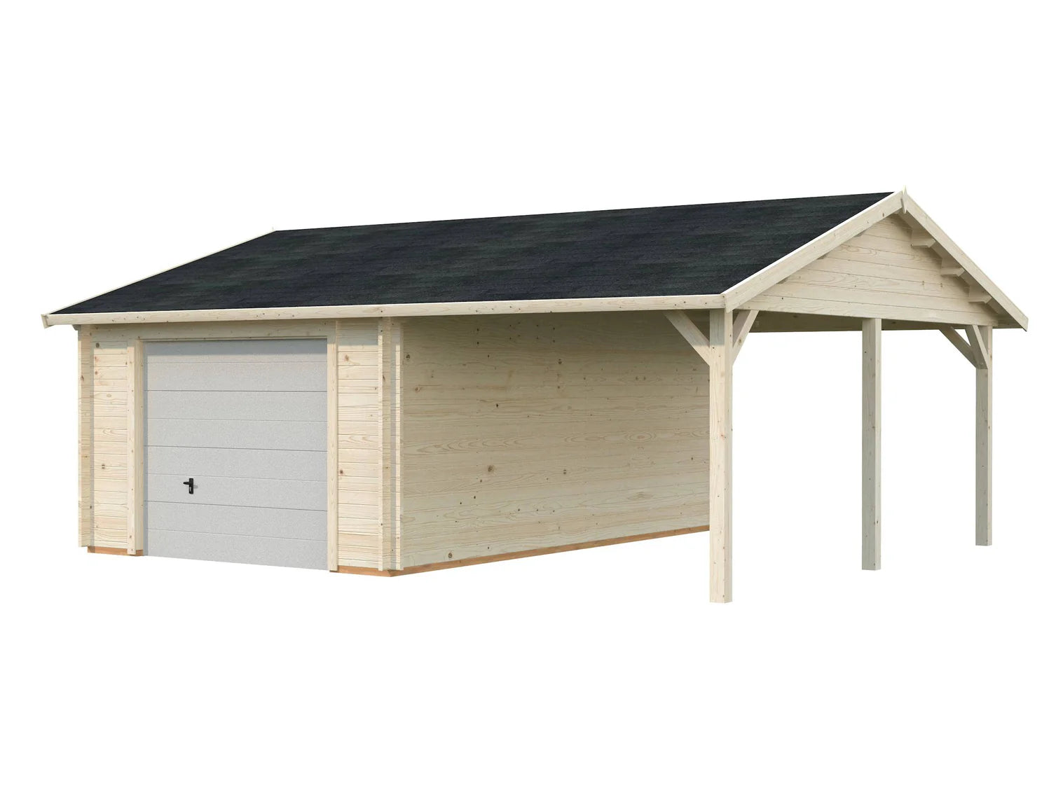Fully Installed Palmako Roger (6,7x5,7m | 19+16,2m2 | 44mm) Single Garage with Single Carport (Sectional Door)