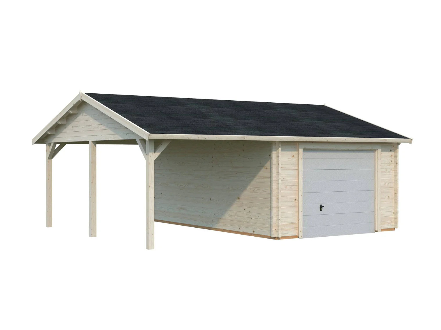 Fully Installed Palmako Roger (6,7x5,7m | 19+16,2m2 | 44mm) Single Garage with Single Carport (Sectional Door)