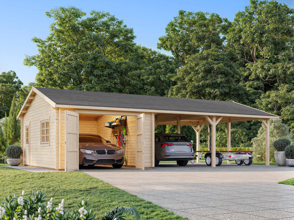 Fully Installed Palmako Roger (9,8x5,7m | 19m2+33.2m2 | 44mm) Single Garage with Double Carport (Wooden Gate)