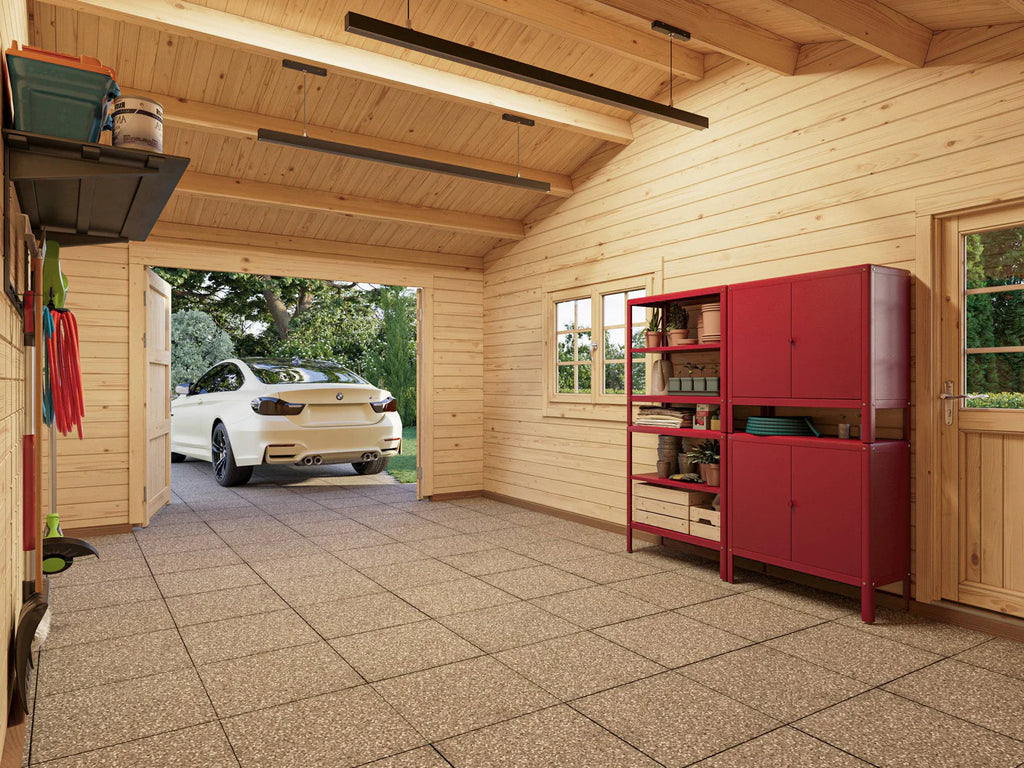 Fully Installed Palmako Roger (9,8x5,7m | 19m2+33.2m2 | 44mm) Single Garage with Double Carport (Wooden Gate)