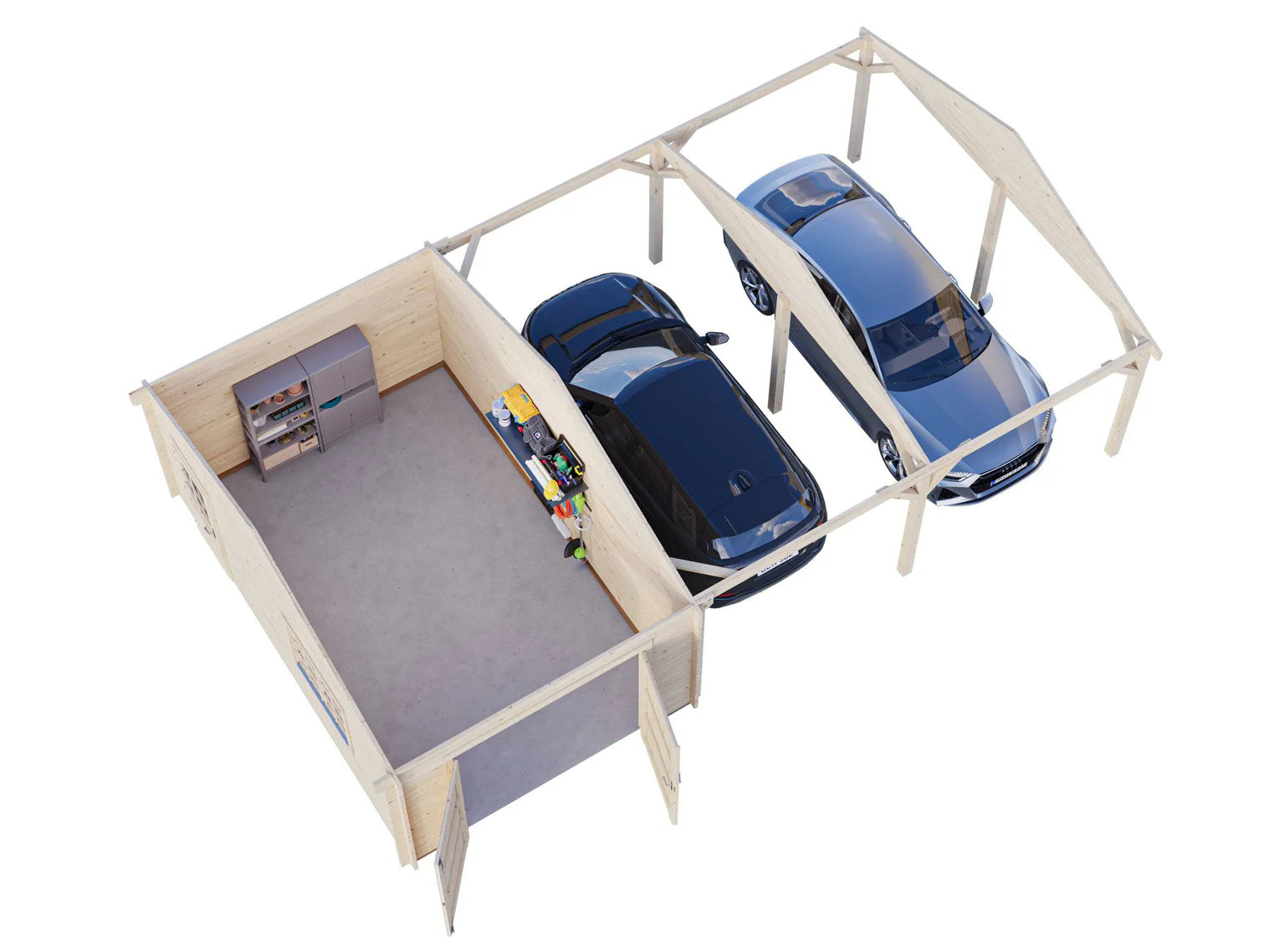Fully Installed Palmako Roger (9,8x5,7m | 19m2+33.2m2 | 44mm) Single Garage with Double Carport (Wooden Gate)