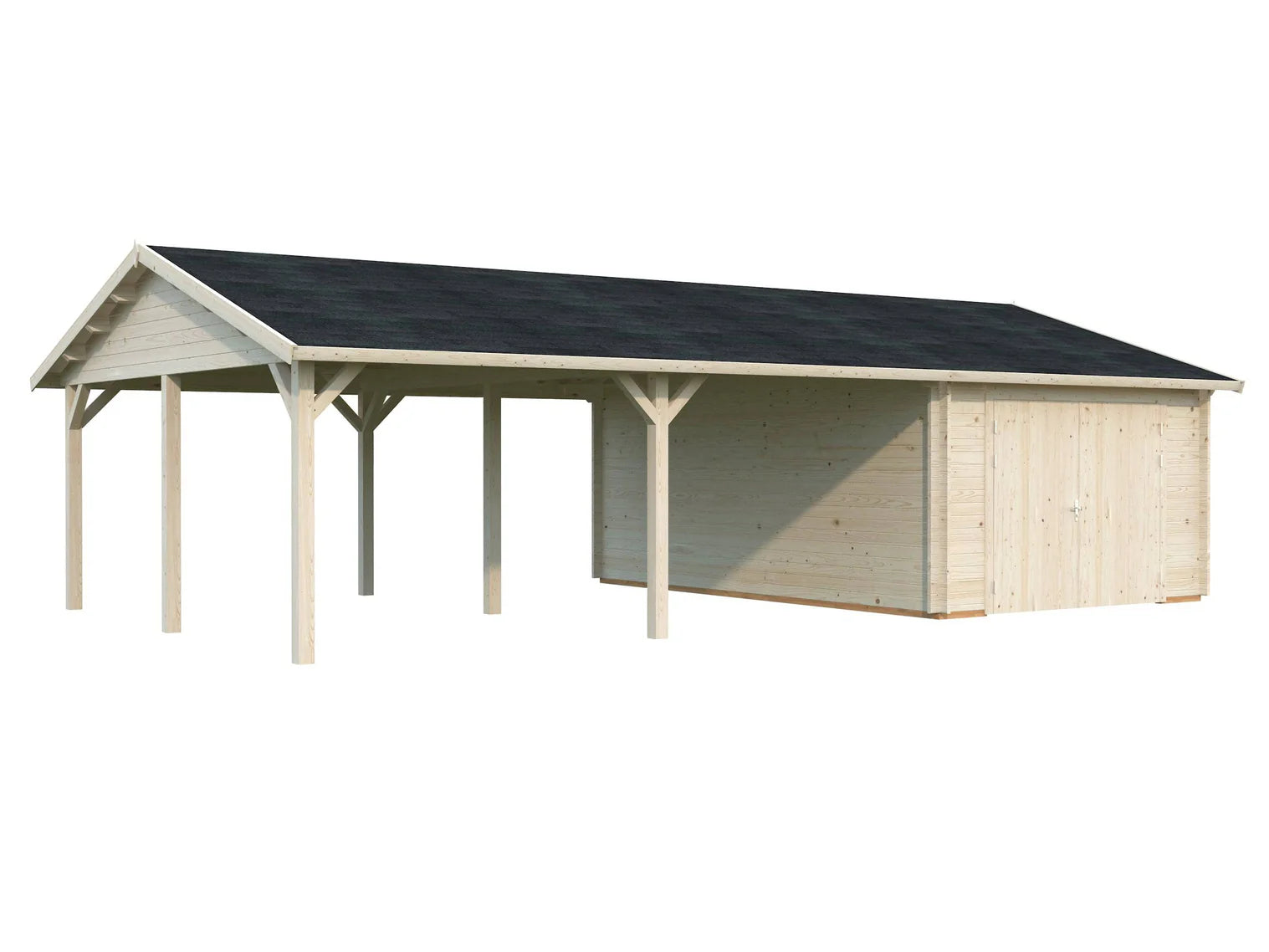 Fully Installed Palmako Roger (9,8x5,7m | 19m2+33.2m2 | 44mm) Single Garage with Double Carport (Wooden Gate)