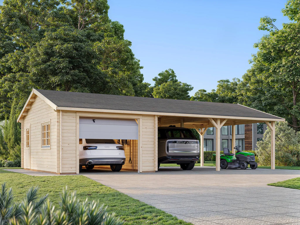 Fully Installed Palmako Roger (9,8x5,7m | 19m2+33.2m2 | 44mm) Garage with Double Carport (Sectional Door)
