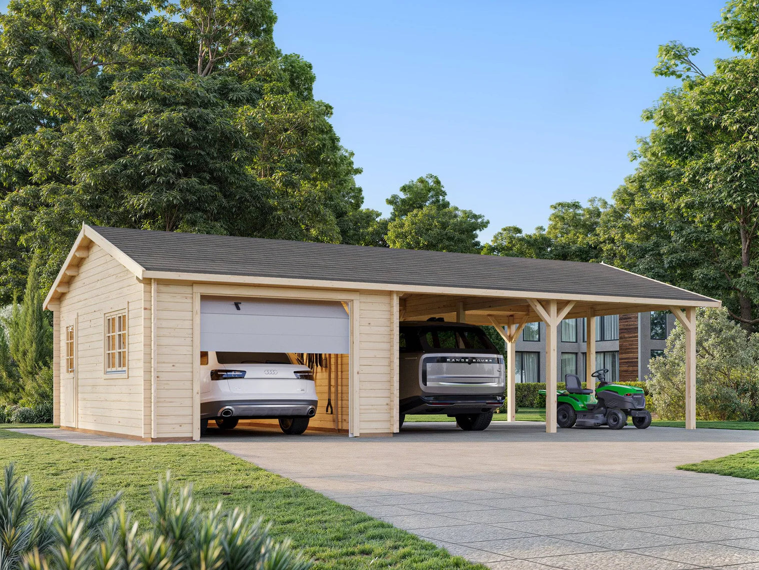 Fully Installed Palmako Roger (9,8x5,7m | 19m2+33.2m2 | 44mm) Garage with Double Carport (Sectional Door)