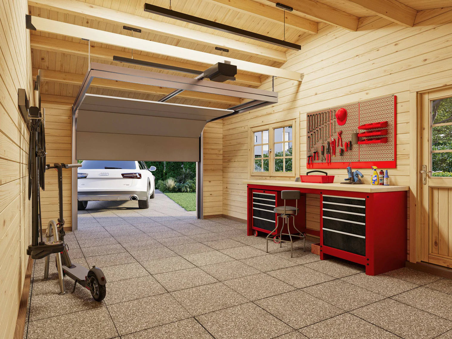 Fully Installed Palmako Roger (9,8x5,7m | 19m2+33.2m2 | 44mm) Garage with Double Carport (Sectional Door)