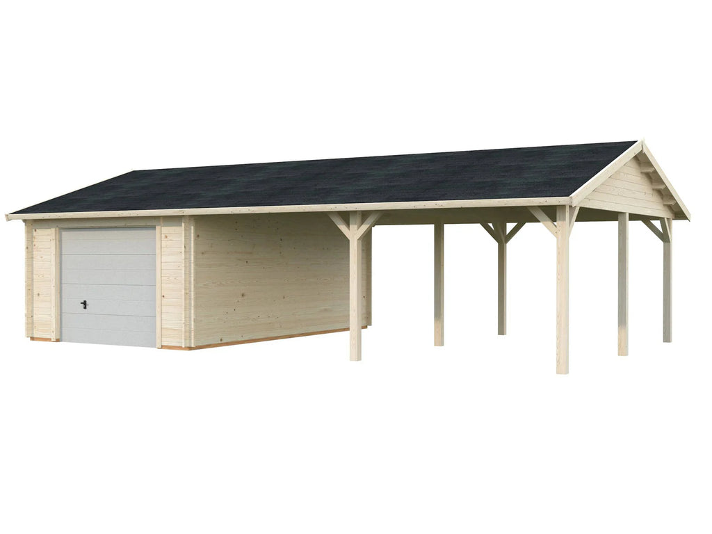 Fully Installed Palmako Roger (9,8x5,7m | 19m2+33.2m2 | 44mm) Garage with Double Carport (Sectional Door)