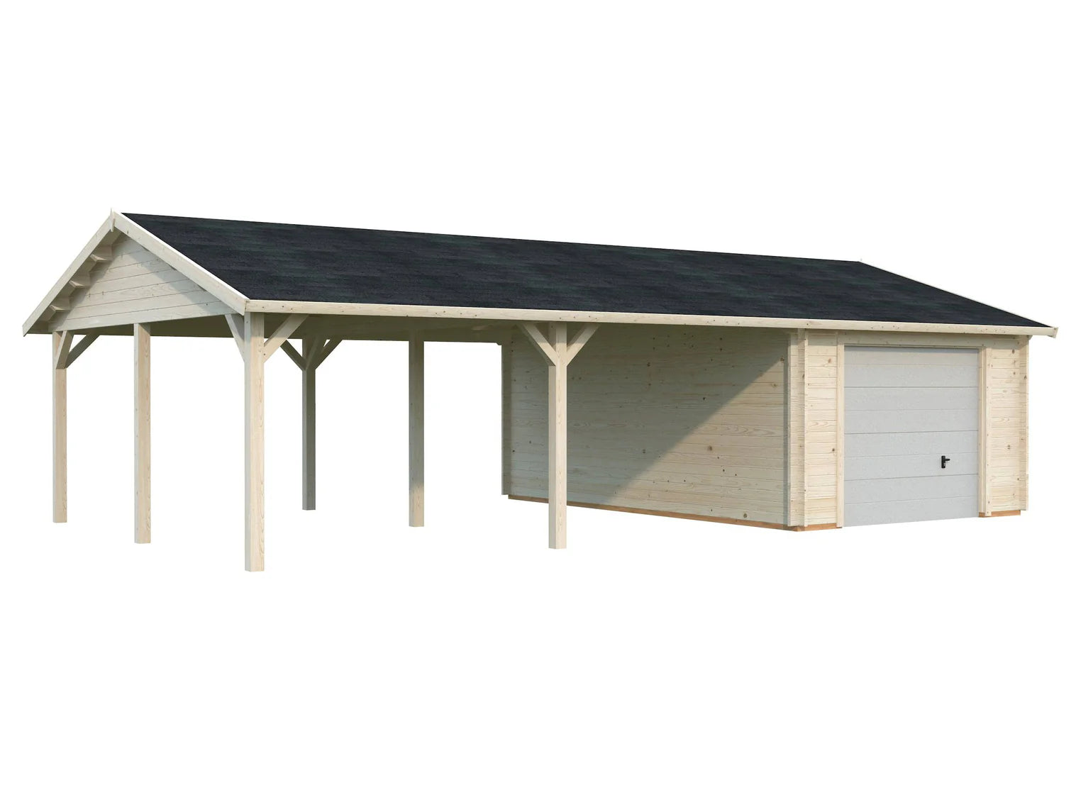 Fully Installed Palmako Roger (9,8x5,7m | 19m2+33.2m2 | 44mm) Garage with Double Carport (Sectional Door)