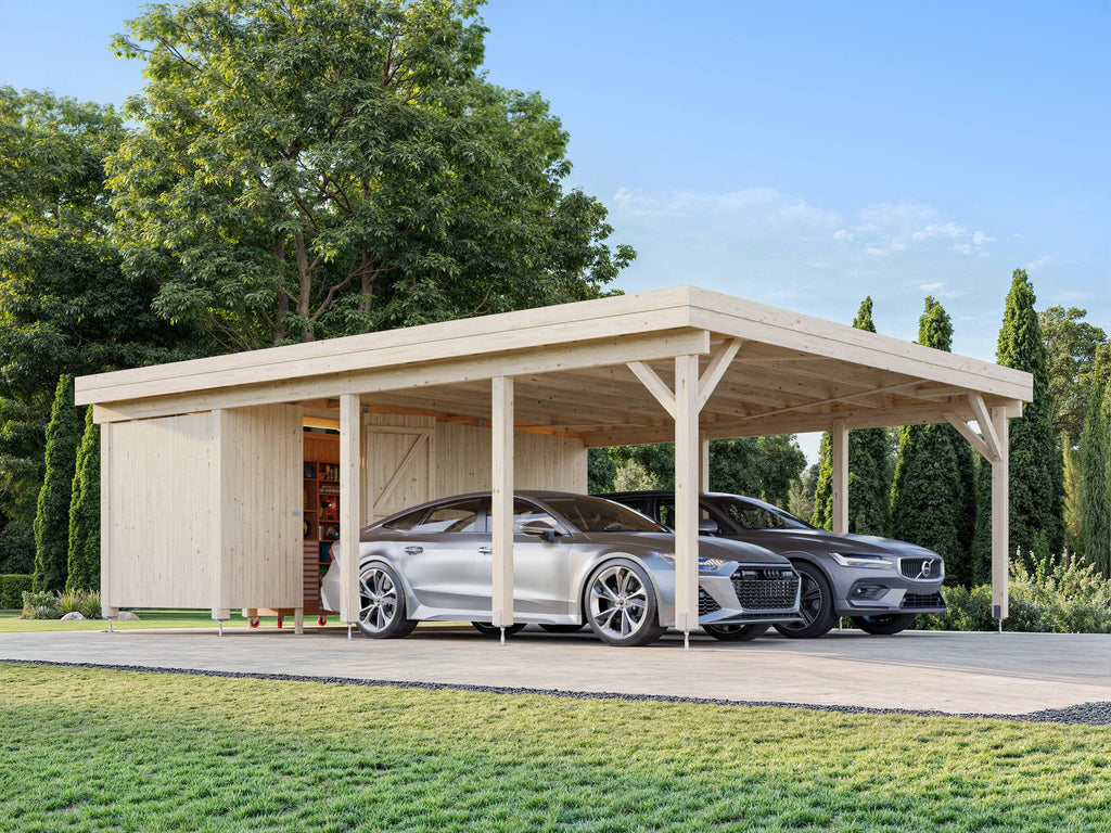 Fully Installed Palmako Karl XL+ (5,6x7,3m | 40,6m2 | 120x120mm) Carport with Shed for Two Cars