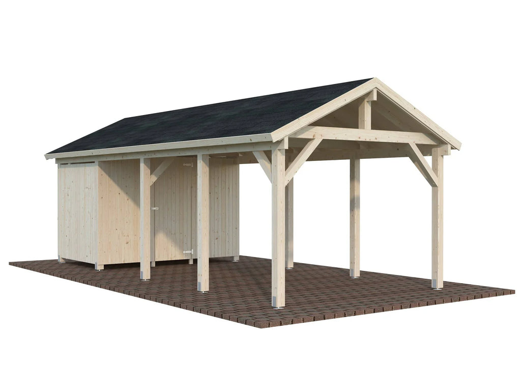 Fully installed Palmako Robert L+ (3,2x7,3m | 23,1m2 | 120x120mm) Apex Roof Carport with Shed