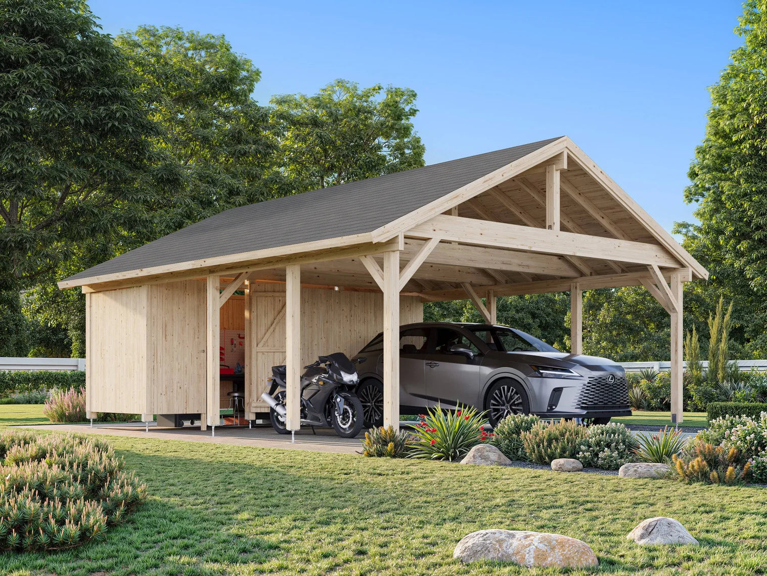 Fully Installed Palmako Robert XL+ (5,6x3,6m | 40,6m2 | 120x120mm) Two Car Carport with Shed