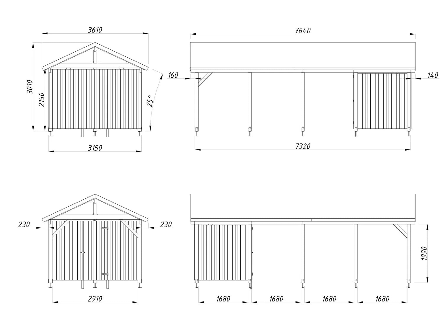 Fully installed Palmako Robert L+ (3,2x7,3m | 23,1m2 | 120x120mm) Apex Roof Carport with Shed
