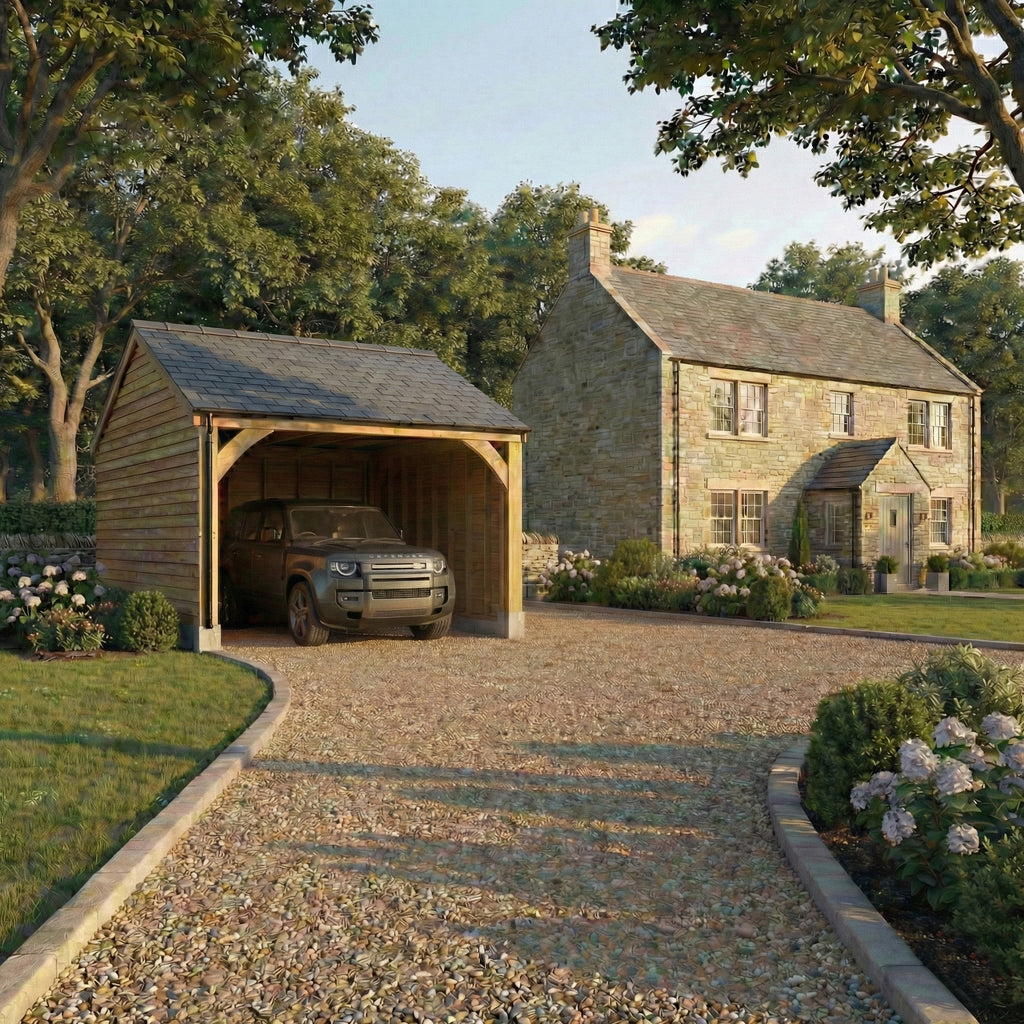 Fully Installed Slate Roof Oak Car Port | Single Bay | Planed European Oak